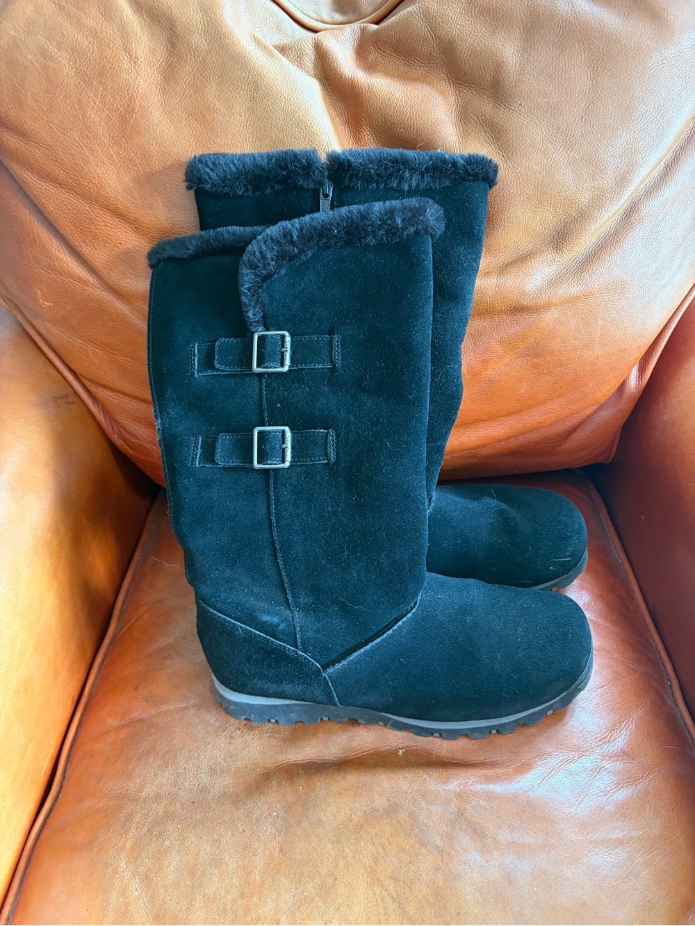 Skechers Black Suede Tall Fur-Trim Winter Boots with Buckle Accents